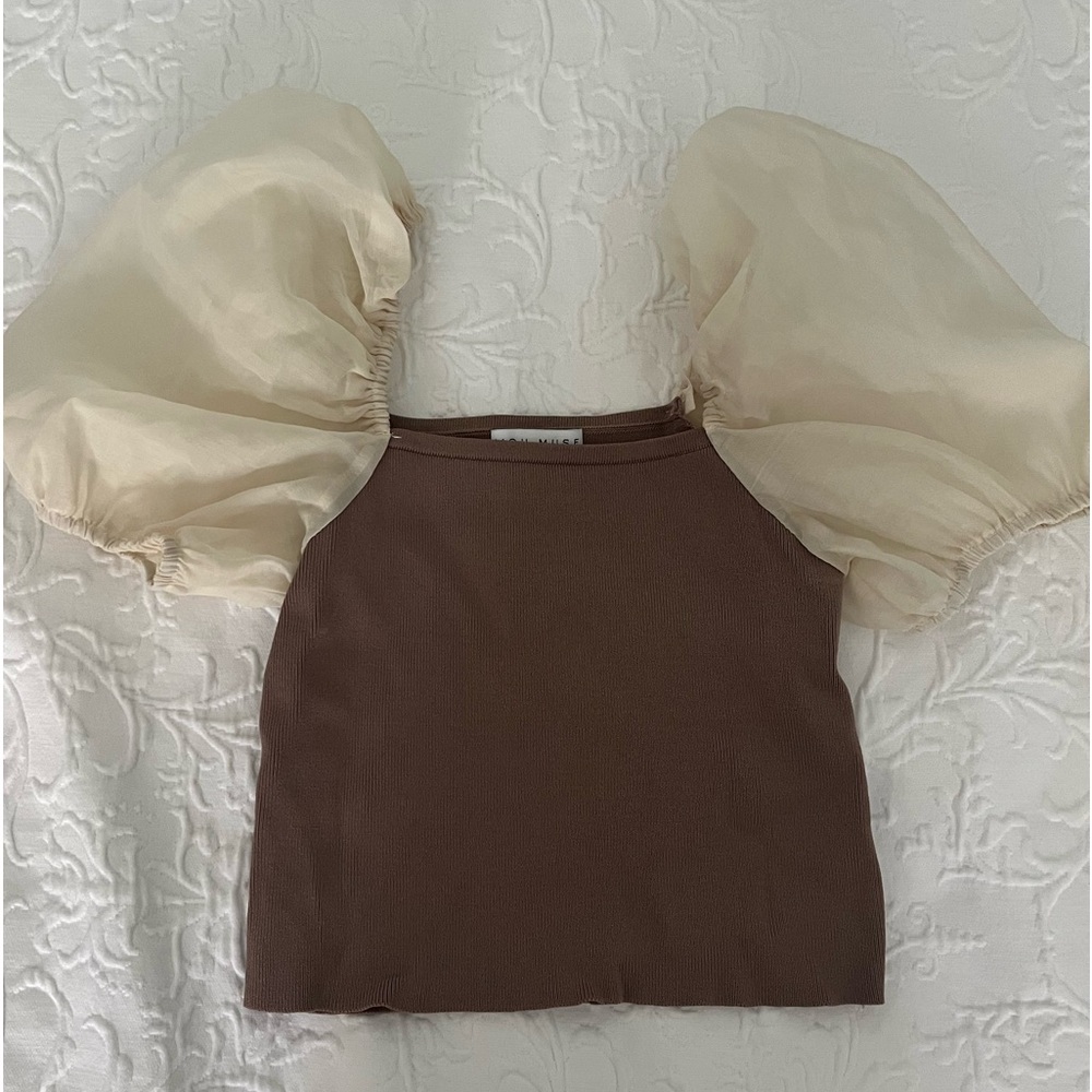 Miou muse puff sleeve brown and white never worn top Size Medium